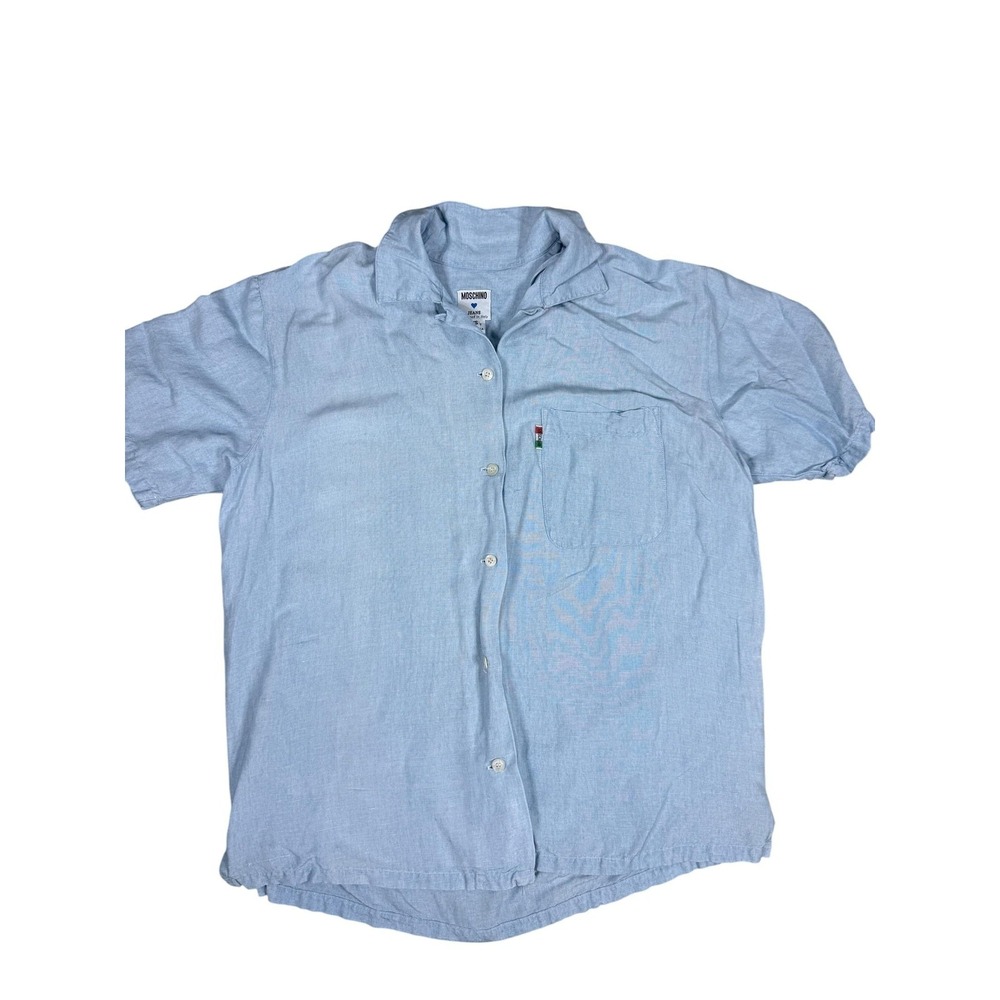 VTG Moschino Jeans Shirt Womens XS Blue Linen Rayon Chambray Button Up Made‎ USA